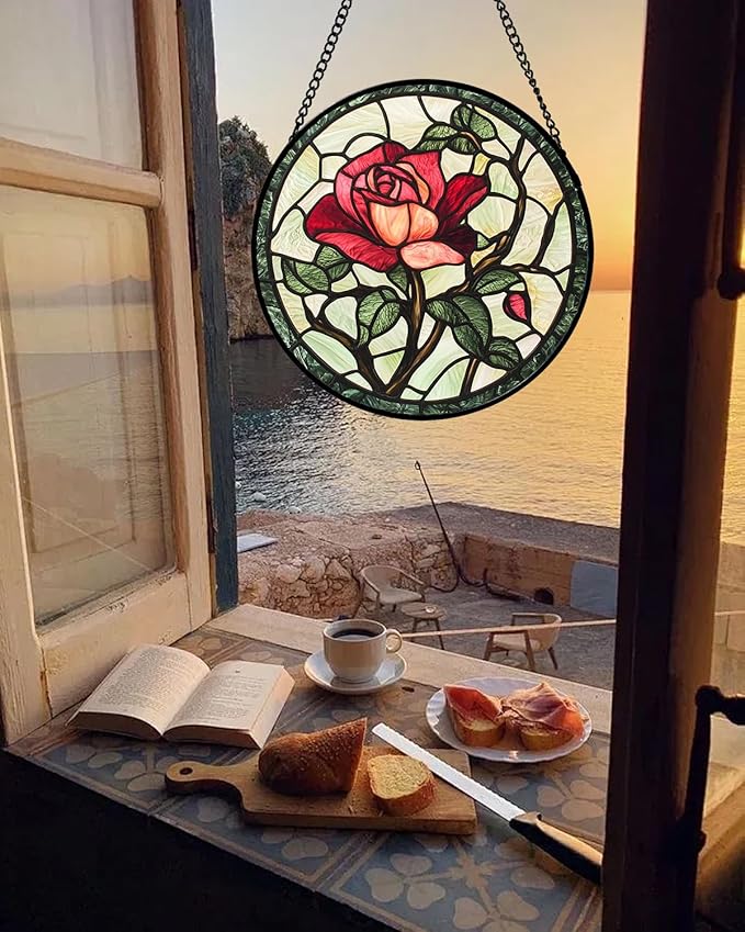 Stained Glass Window Hanging, Red Rose Flowers Sun Catcher for Door Garden Home Decor Suncatcher Christmas Mother's Day Birthday Gifts for Women Lovers Men Wife Girlfriend Mom Nana 6.3 in