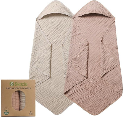 Muslin Hooded Baby Towels, 2 Pack 100% Cotton 32x32Inch Baby Bath Towel with Hood for Babies, Infant, Toddler, Soft and Absorbent Newborn Essential. (Light Bean Paste)
