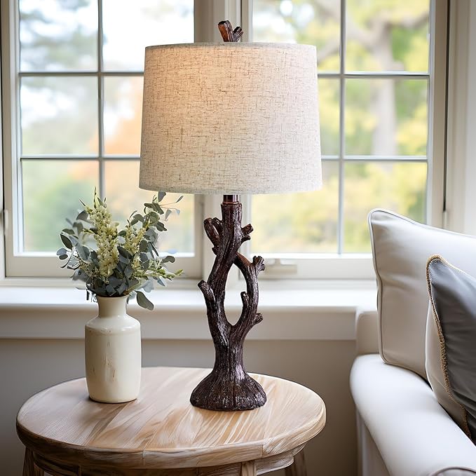 OYEARS 25" Farmhouse Table Lamp Set of 2 for Living Room Bedroom Resin Bedside Tree Lamp Nightstand End Table Lamps Vintage Natural Style