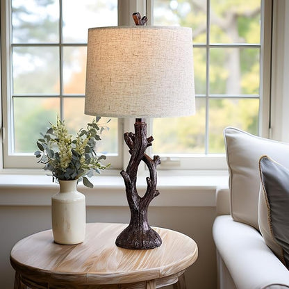 OYEARS 25" Farmhouse Table Lamp Set of 2 for Living Room Bedroom Resin Bedside Tree Lamp Nightstand End Table Lamps Vintage Natural Style