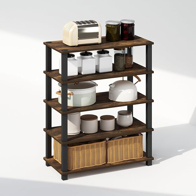 Furinno Turn-S-Tube 3-Tier Multipurpose Stackable Standing Shelves, Amber Pine/Black, Set of 2