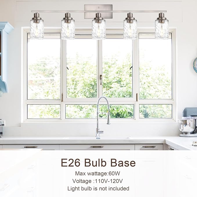 MELUCEE 5-Light Bathroom Light Fixtures Brushed Nickel Finish, Modern Vanity Light Industrial Wall Lamp with Clear Hammered Glass Shade for Powder Room Bedroom (Patent No.: US D963914 S)