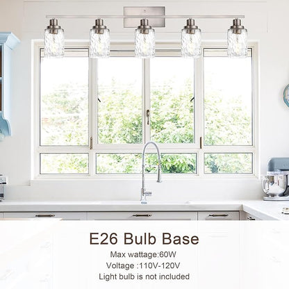 MELUCEE 5-Light Bathroom Light Fixtures Brushed Nickel Finish, Modern Vanity Light Industrial Wall Lamp with Clear Hammered Glass Shade for Powder Room Bedroom (Patent No.: US D963914 S)