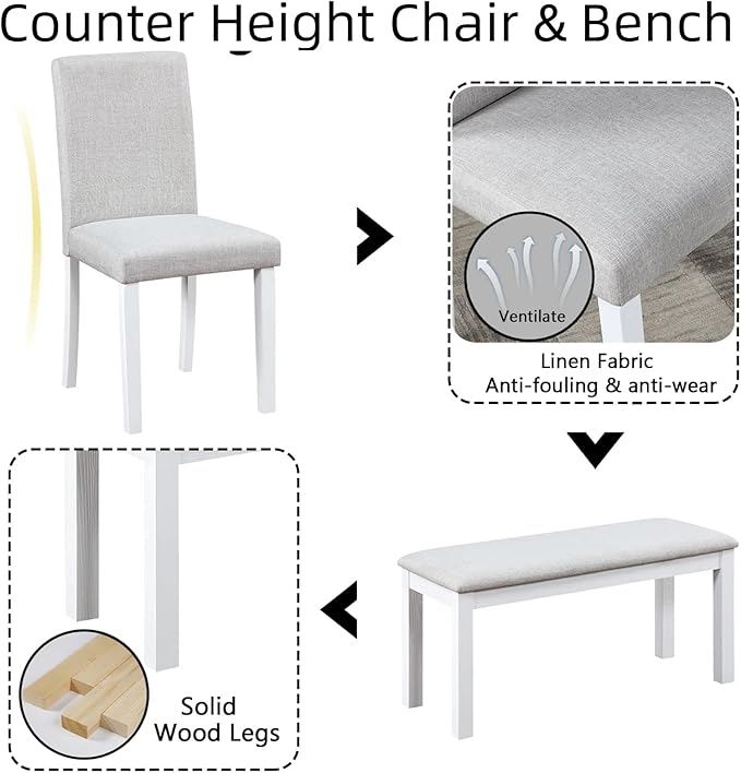 Dining Table Set for 5, 6 Piece Dining Room Table Set with Rectangular Crystal Decoration Table, 4 Upholstered Backrest Chairs and Bench, Counter Height Kitchen Sets with MDF Tabletop, White