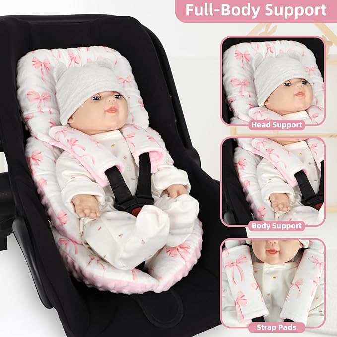Infant Car Seat Insert Cushion, Baby Car Seat Head Body Support for Girls & Boys, Reversible Newborn Car Seat Insert with 2 Extra Strap Paddings, Premature Car Seat Cushion, Pink Bow