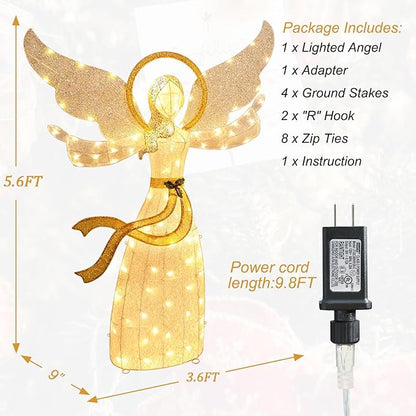 5.6FT Lighted Christmas Angel Outdoor Pre-lit 3D Glittered Angel Lighted Up Standing Ornament Outdoor Indoor Christmas Decoration for Home Lawn Yard Garden Display