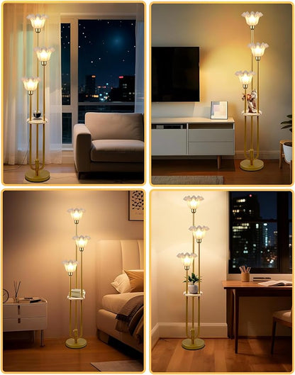Flower Floor Lamp for Living Room, Dimmable Vintage Floor Lamp with Shelf & LED Bulbs, 3 Light 3000K Warmwhite Mid Century Gold Floral Tall Standing Lamp with 5Lbs Heavy Base for Bedroom