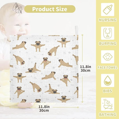 vvfelixl Baby Cotton Washcloths Pug Dog Infants Bath Towel for Unisex Face Towels for Newborn, Natural Baby Wipes Delicate Skin, 11.8 X 11.8 inch, one sizex5
