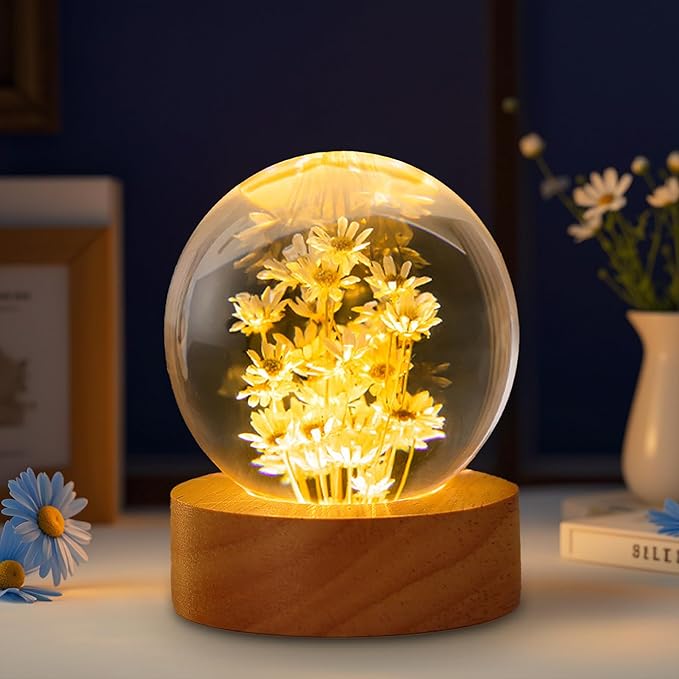 Daisy Decor Gifts,Daisy Flower Lamp Crystal Ball Night Light,2.4 Inch Glass Ball Lamp with LED Wooden Base,Soft Warm White Lighting for Women Best Friends Sister Birthday Xmas Aesthetic Gift(Yellow)