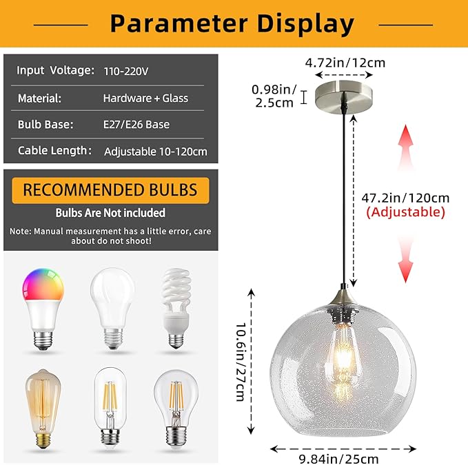 Modern 3-Pack Glass Globe Pendant Lights, Clear Modern Pendant Lighting for Kitchen Island, Clear Glass Hanging Lamps for Dining Room Living Room Bedroom, Large 9.85 Inch Fixture (Bulbs Not Included)