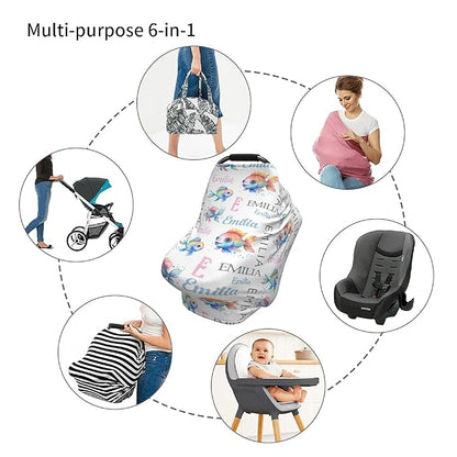 Personalized Baby Car Seat Cover with Name Stroller Canopy Custom Rainbow Fish Carseat Cover Newborn Baby Boy Girl Nursing Cover for Moms First Birthday Gift