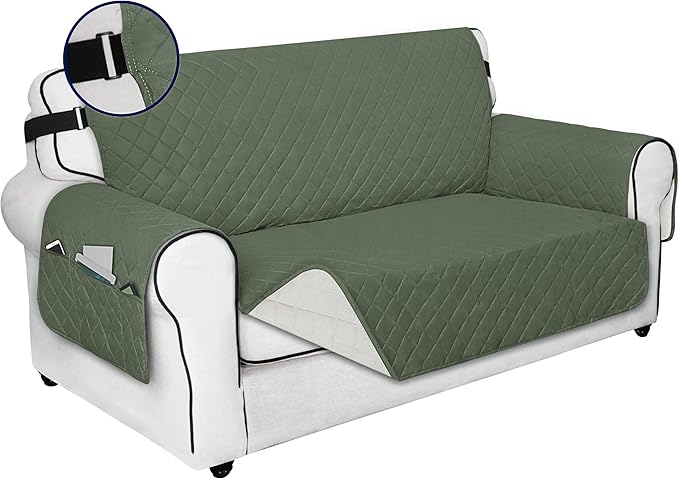 PureFit Reversible Sofa Cover Water Resistant Loveseat Couch Cover, Machine Washable Furniture Cover with Non-Slip Foam and Adjustable Strap for Dogs, Pets (Loveseat, Grayish Green/Ivory)