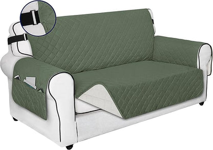 PureFit Reversible Sofa Cover Water Resistant Loveseat Couch Cover, Machine Washable Furniture Cover with Non-Slip Foam and Adjustable Strap for Dogs, Pets (Loveseat, Grayish Green/Ivory)