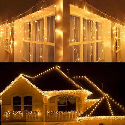 Joomer Christmas Icicle Lights - 33FT Plug in String Lights Waterproof, 8 Modes Timer Connectable Outdoor String Light for Christmas Party, Eaves, Roofs, Xmas Decorations (Warm White)