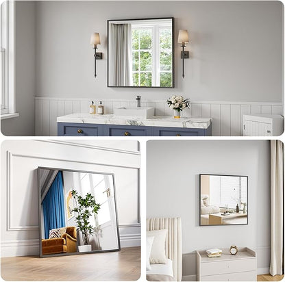 Koonmi Bathroom Mirror 30x30 Black Bathroom Wall-Mounted Mirrors, Modern Vanity Mirror for Bedroom, Living Room, Aluminum Alloy Frame Allow to Hang Horizontally or Vertically