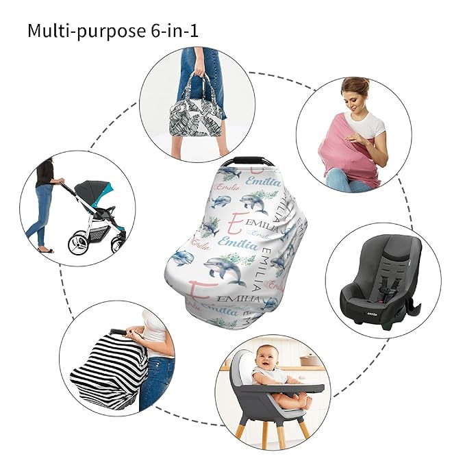 Personalized Baby Car Seat Cover with Name Stroller Canopy Custom Whale Carseat Cover Newborn Baby Boy Girl Nursing Cover for Moms First Birthday Gift