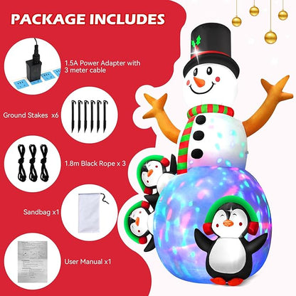 6.3 FT Christmas Inflatable Snowman Outdoor Decoration with Build-in Multicolor LEDs, Snowman with 3 Penguins Blow Up Inflatables Christmas for Yard Garden Lawn Xmas Holiday Decor