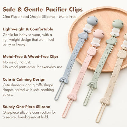 Pacifier Clips for Baby Boys Girls, One-Piece Silicone Pacifier Holder Strap 4 Pack, Binky Paci Clips Animal Rainbow Design, Lightweight Break-Resistant, Dishwasher Safe-Ivory+Sage