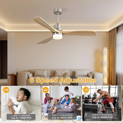 Sofucor 52" Ceiling Fan with Lights and Remote Control, Indoor Outdoor Modern Wood Ceiling Fan for Farmhouse Bedroom Living Room Pation Porch, with Reversible DC Motor, 6 Speeds, 3 Color Temperature