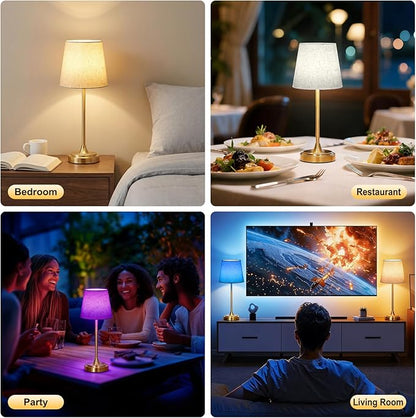 Wowag Cordless Table Lamp Rechargeable,5000mAh Battery Operated Desk Lamp,3 Colors & 7 RGB Stepless Dimmable,Touch Control Ambient Light for Bedside,Bedroom,Dining Room,Living Room,Gold,FlaxenShade