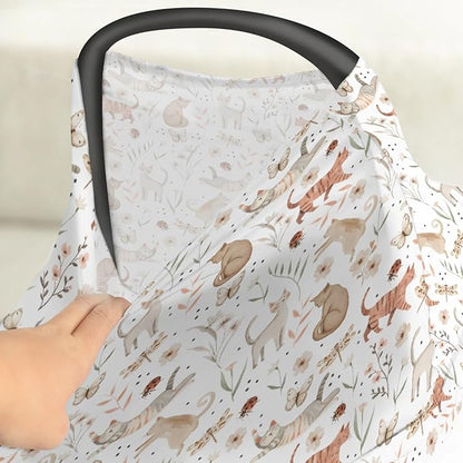 Cute Cat Boho Floral Leaves Baby Car Seat Covers Fun Kittens Meadow Butterflies Stretchy 5-in-1 Cover Adjustable Infant Carseat Canopy Cover Cats Lover Gift Breathable Nursing Cover-Up