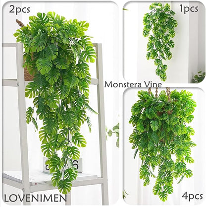 Artificial Hanging Vines 4 Pack, Fake Monstera Leafs Vine Ivy Jungle Leaf Plants Tropical Palm Leaves Rattan for Houseplants Indoor Home Kitchen Garden Outdoor Wall Wedding Decoration