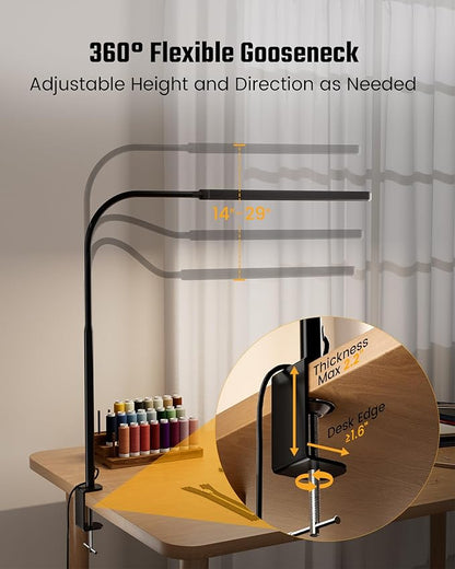 SUPERDANNY Eye-Caring LED Desk Lamp 360° Flexible Gooseneck Work Lamp with Desk Side Clamp Touch Control 3 Light Colors Smooth Dimming Task Lighting Reading Light for Home Office College Dorm, Black