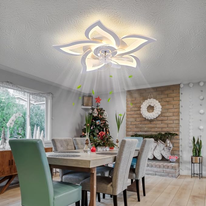 White Flower Modern CeilingFans with Lights, Low Profile Ceiling Fan with Remote for Bedroom, Flush Mount Ceiling Fan with LED Dimmable Light,3-Colors, 6-Speeds, Timing CeilingFan Light