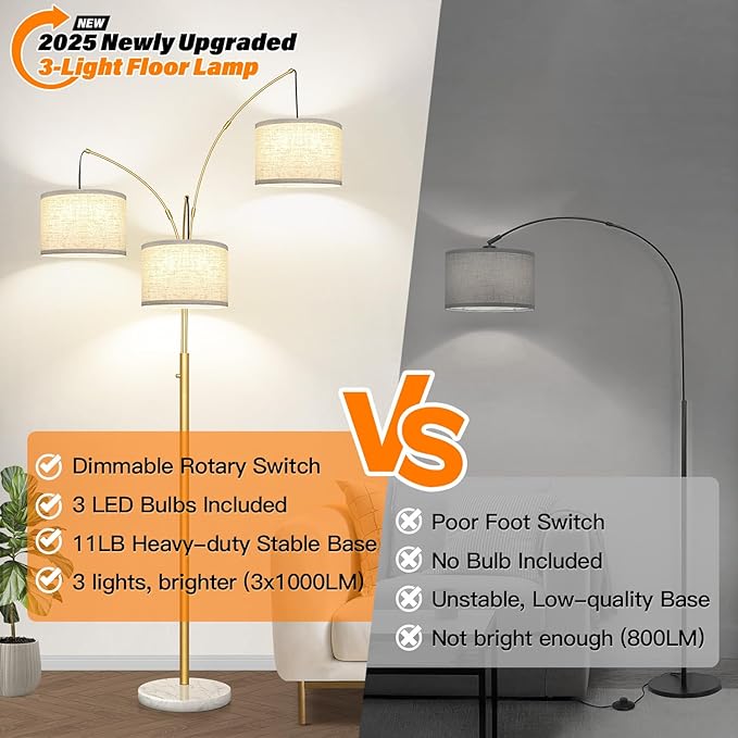 Dimmable Floor Lamp - 3 Lights Gold Arc Floor Lamps for Living Room, 1000LM Modern Tall Standing Lamp with White Shade&Marble Base, Mid Century Tree Floor Lamp for Bedroom Office, 3 LED Bulbs Included