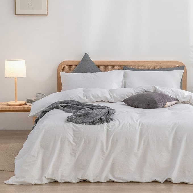 BESTOUCH Duvet Cover Set 100% Washed Cotton Linen Feel Super Soft Comfortable Chic Lightweight 3 PCs Home Bedding Set Solid Bright White Oversized Full