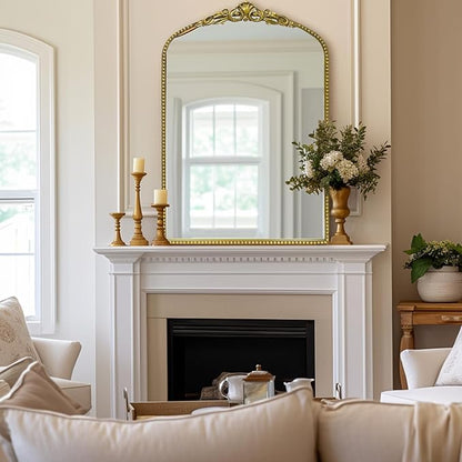 G-LEAF Vintage Baroque Mirror 24"X36", Arched Mantel Victorian Antique Farmhouse Mirror with Black Brush Gold Ornate Metal Frame for Fireplace Entryway Living Room Hallway Bathroom