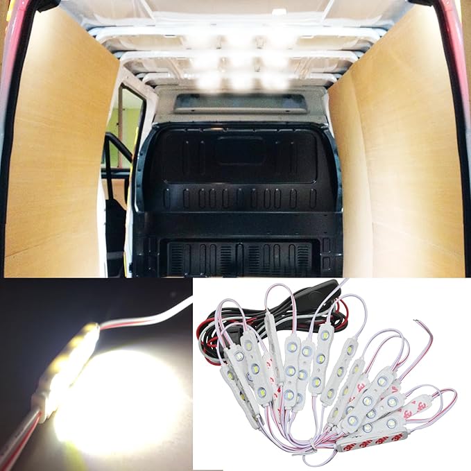 Ampper 12V 60 LEDs Interior Van Light Kits, LED Ceiling Lights with Simplified Harness Switch Fuse for Van RV Boats Caravans Trailers and More (20 Modules, White)
