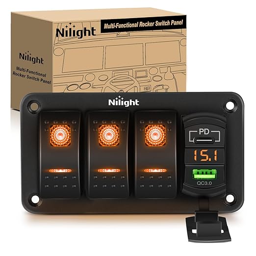Nilight 3 Gang Rocker Switch Panel with PD Type C and USB Charger Voltmeter 12V SPST ON Off Toggle Switches with Orange Backlit Waterproof Aluminum for Boats Cars RVs Trucks