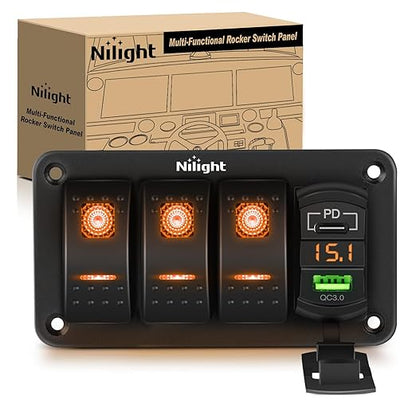 Nilight 3 Gang Rocker Switch Panel with PD Type C and USB Charger Voltmeter 12V SPST ON Off Toggle Switches with Orange Backlit Waterproof Aluminum for Boats Cars RVs Trucks
