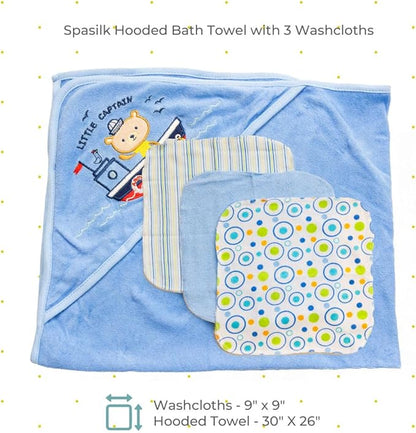 Spasilk Hooded Bath Towel and Washcloths Set for Newborns, 1 Soft Terry Baby Towel and 3 Baby Washcloths, Baby Essentials, Ideal, One Size, Blue Sailor