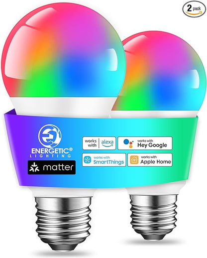 Energetic Matter Smart A19 LED Light Bulb, E26 RGB Color Changing Bulbs, Work with Alexa/Google Home/Apple Home/SmartThings, 60W Equivalent, 800LM, 2.4 Ghz WiFi Only, Smart Speaker Required, 2 Pack