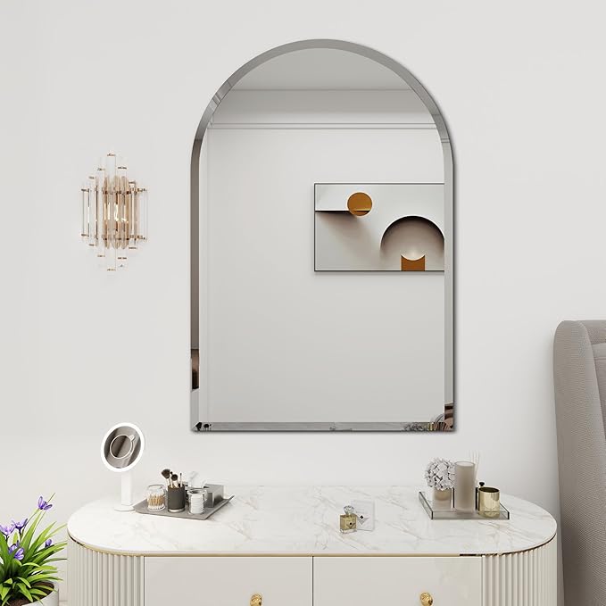 Arched Bathroom Mirror, 32X48 inch Arched Frameless Mirror, Arch Wall Mirror，Frameless Mirrors for Bathroom,Beveled Bathroom Mirror.