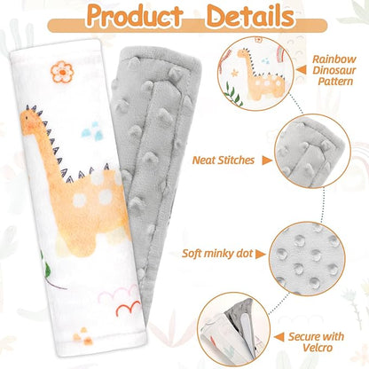 Baby Car Seat Strap Pads, Car Seat Strap Shoulder Covers for Baby Infant Toddler, Double-Sided Car Seat Belt Covers for Stroller/Pushchair/Baby Swing, Soft Flannel, Dinosaur