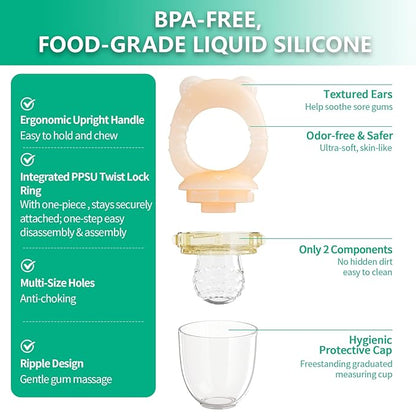 Baby Fruit Feeder& Teether with Freezer Tray Combo, BPA-Free Silicone Food Feeder for 4+ Months, Breastmilk Popsicle Molds for Teething Relief, Dishwasher Safe Baby Food Freezer Tray with Lid