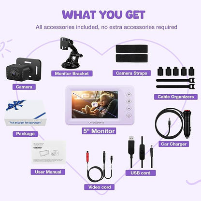 Baby Car Camera with Advanced Crystal-Clear Night Vision, 3X Zoom, USB Powered, 5'' AHD 1080P IPS Car Baby Monitor, Backseat Camera for Kids Infants Rear Facing Mirror, 5inch, Purple