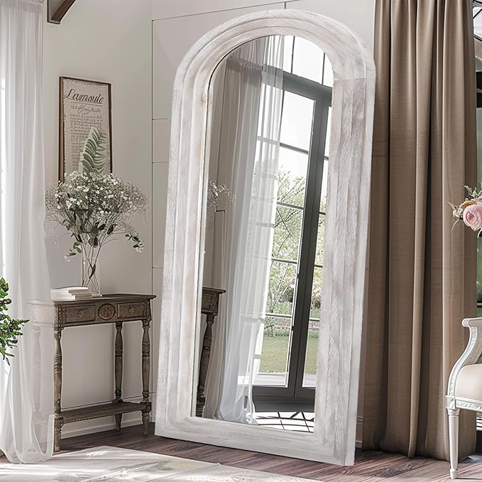 Arched Full Length Mirror with Solid Wood Frame, 71x32 Farmhouse Wall Mirror Full Length with Stand, Vertical Hanging, Leaning Standing for Bedroom, Living Room, Rustic White