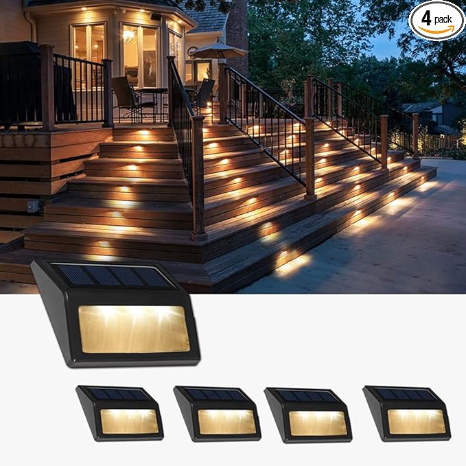 Solar Lights Outdoor, Waterproof Solar Powered Deck Step Lights for Patio Garden Backyard Garage Driveway Pathway Outside Wall Lighting (Warm White/4 Pack)