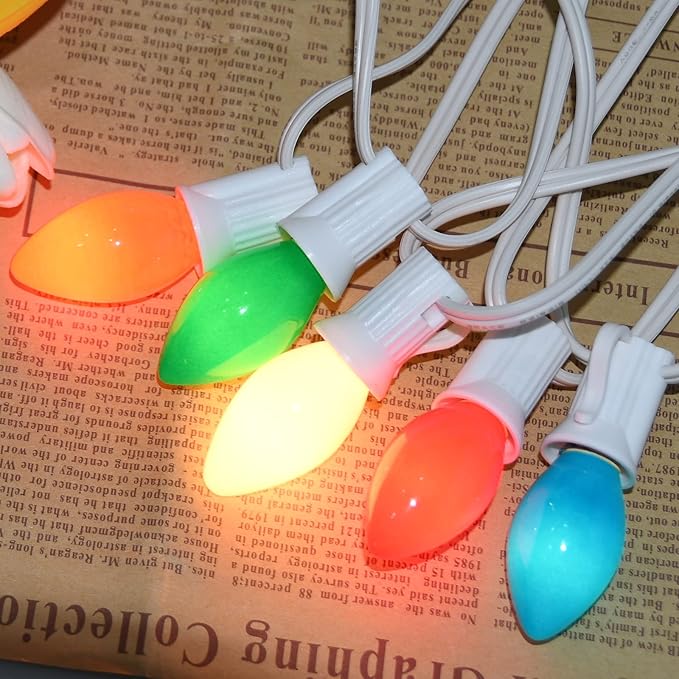 25Ft Christmas Lights Multicolor, C7 Vintage Christmas Light with 27 Colorful Ceramic Bulbs, Hanging Outdoor Christmas Lights for Christmas Tree Party Prom Wedding Holiday Patio Decor, White Wire