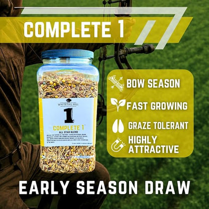 Complete 1 Food Plot Seed Mix for Deer, 1/4 Acre or 1 Acre, One Mix Covers All The Bases, Cereal Grains, Brassicas, Clovers, Legumes, Early Season Blend