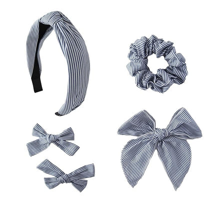 5 Pcs Striped Hair Bows School Uniform Knotted Striped Headband Scrunchies Hair Bow Set Alligator Clips for Toddler Girls Accessories for Little School Girls (Navy Blue)