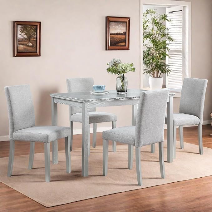 Dining Table Set for 4, 5-Piece Dining Room Table Set with Rectangular Crystal Decoration Table & 4 Upholstered Backrest Chairs, Counter Height Kitchen Sets with MDF Tabletop, Silver Gray