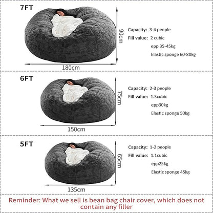 Bean Bag Chair for Adults Kids Without Filling Comfy Fluffy Giant Round Beanbag Lazy Sofa Cover for Reading Chair Floor Chair, 5FT, Black