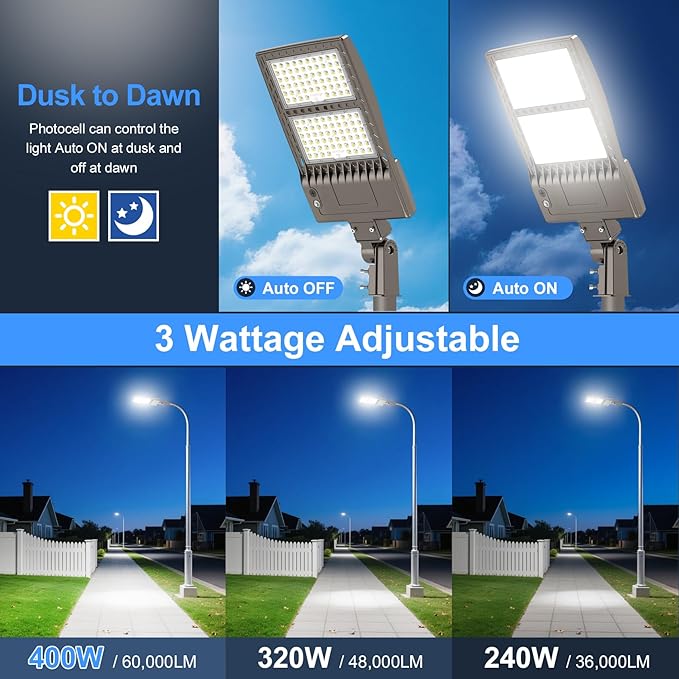 KUKUPPO 10Pack 400W LED Parking Lot Light Power Adjustable, Dusk to Dawn LED Shoebox Flood Pole Light Outdoor Parking Lighting with Slip Fit 60,000LM 5000K IP65 Waterproof 100-277V UL Listed