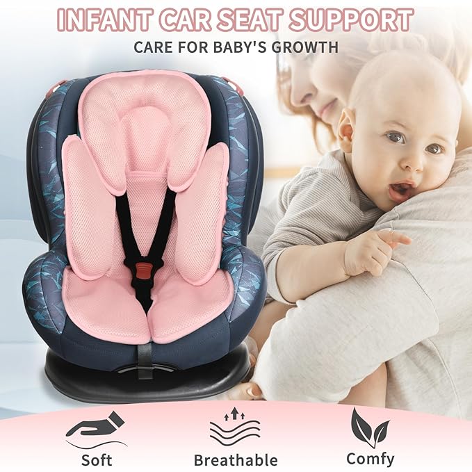 2-in-1 Baby Carseat Head Support, Infant Car Seat Insert for Girls Boys, Soft Babies Neck Support and Body Cushion for Stroller, Baby Swing, Bouncer (Pink)