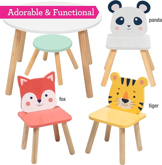 Kids Wooden Animal Table & Chair Set w 4 Seats- Tiger Panda & Fox Plus Adult Stool for Arts Crafts, Dining, Pretend Play- Durable Playroom Furniture for Home Daycare Classroom- Toddler Activity Center